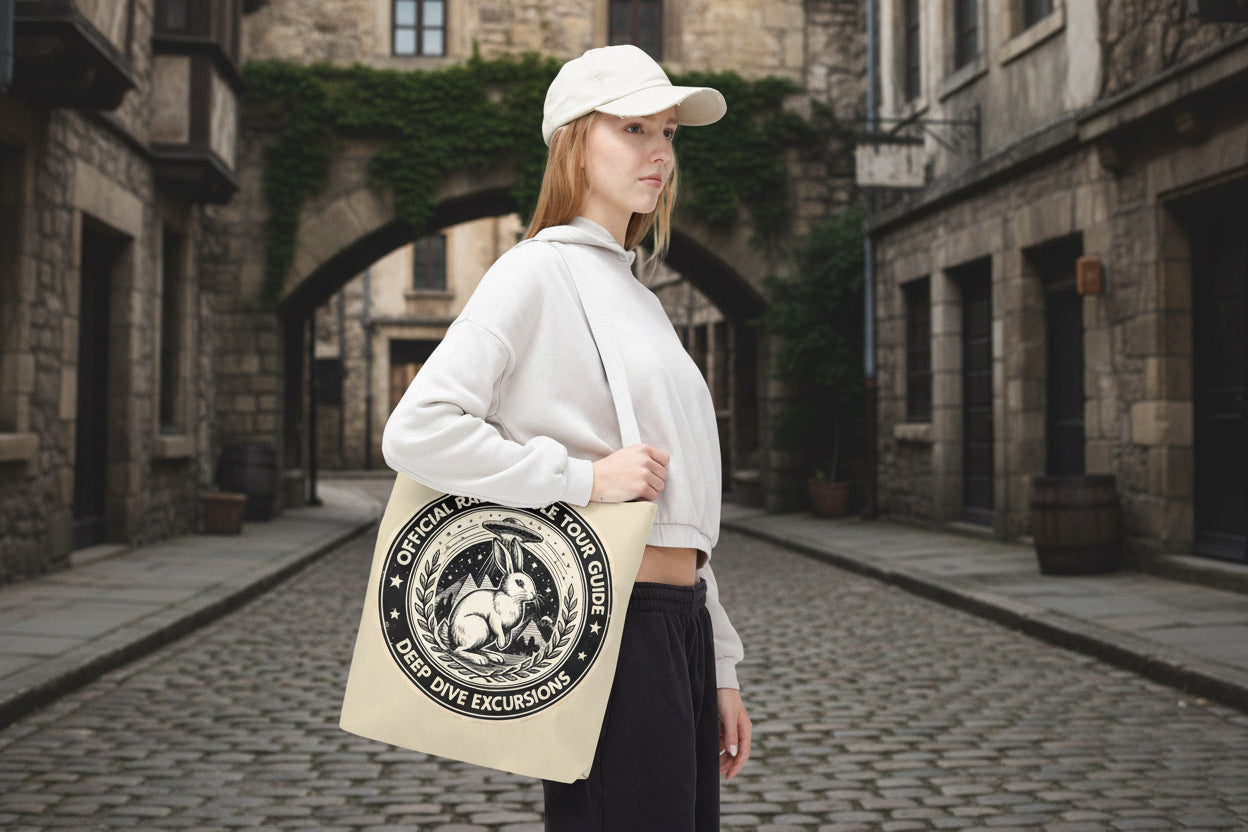 Person holding a tote bag with a rabbit design and text on a white background