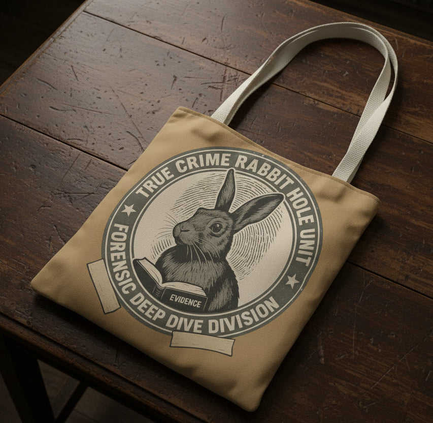 Tote bag with rabbit graphic and text on a beige background