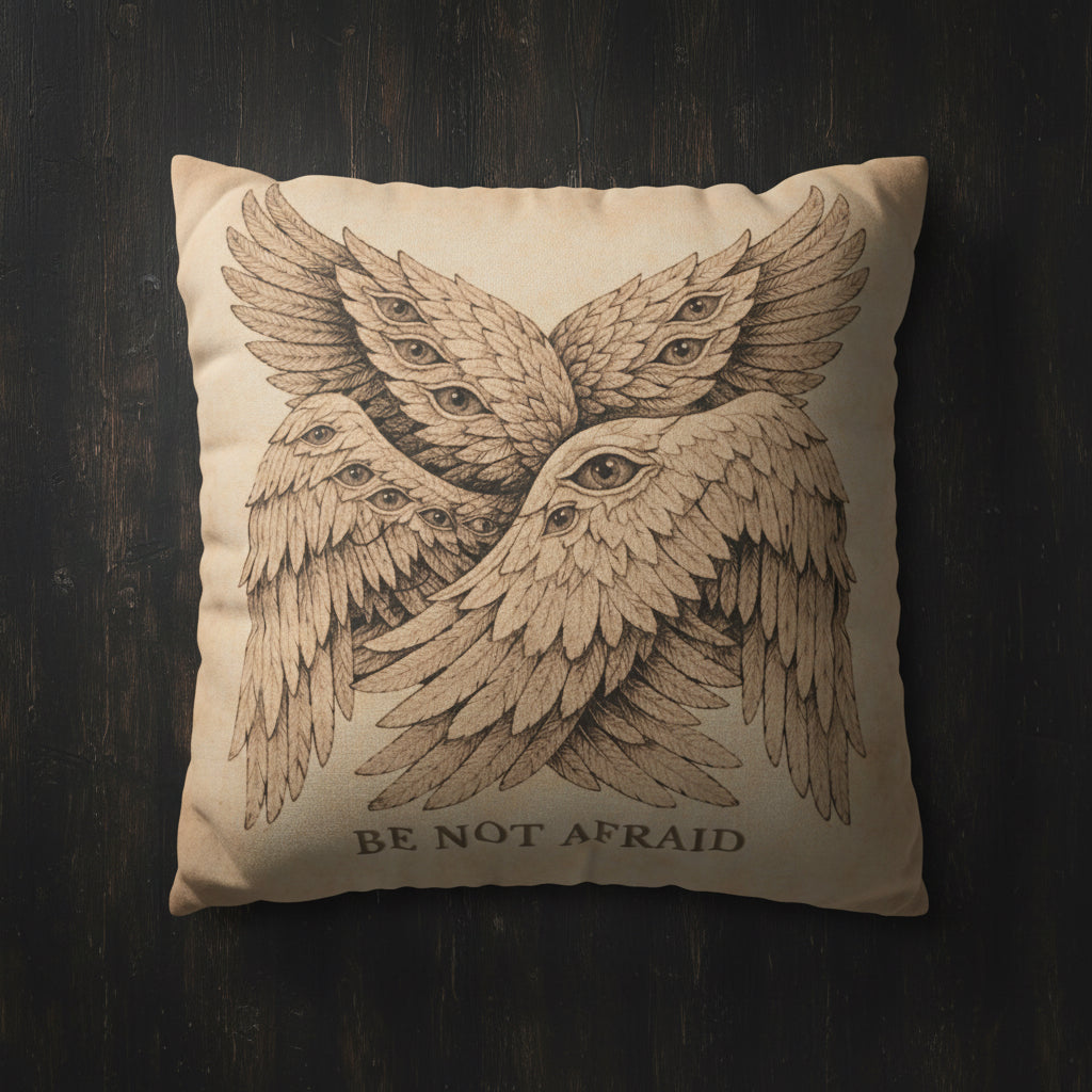 Decorative pillow with biblically accurate angel and 'Be Not Afraid' text 