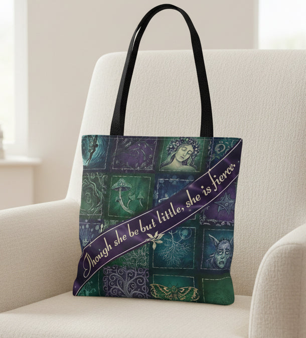 Tote bag with purple ribbon and patterned design on a white background