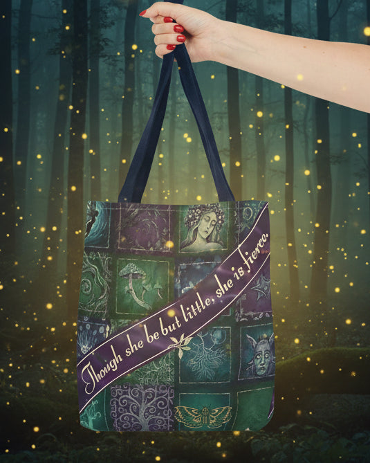 Tote bag with patterned design and text held by a hand on a white background