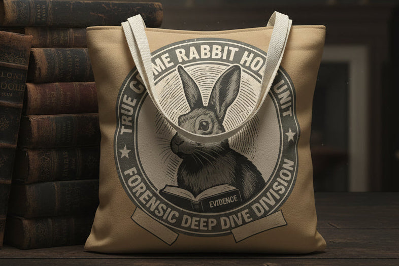 Tote bag with rabbit graphic and text on a beige background