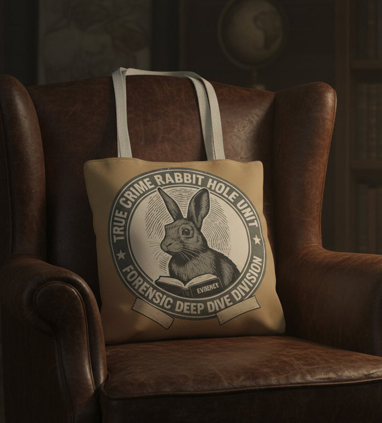 Tote bag with rabbit illustration and text on a beige background