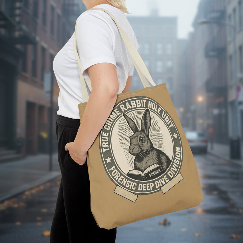 Person holding a tote bag with a rabbit design and text on a white background