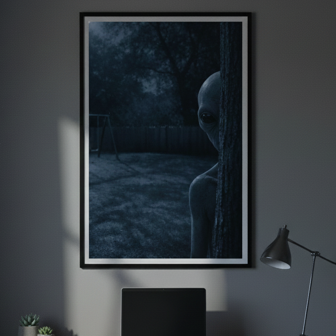 Dark-themed framed artwork of an alien on a wall above a wooden desk with a laptop.