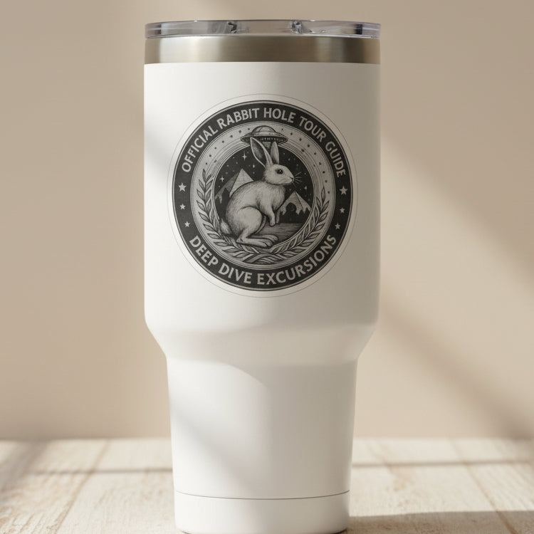 Circular logo with a rabbit and text 'Official Rabbit Hole Tour Guide Deep Dive Excursions' on a tumbler cup